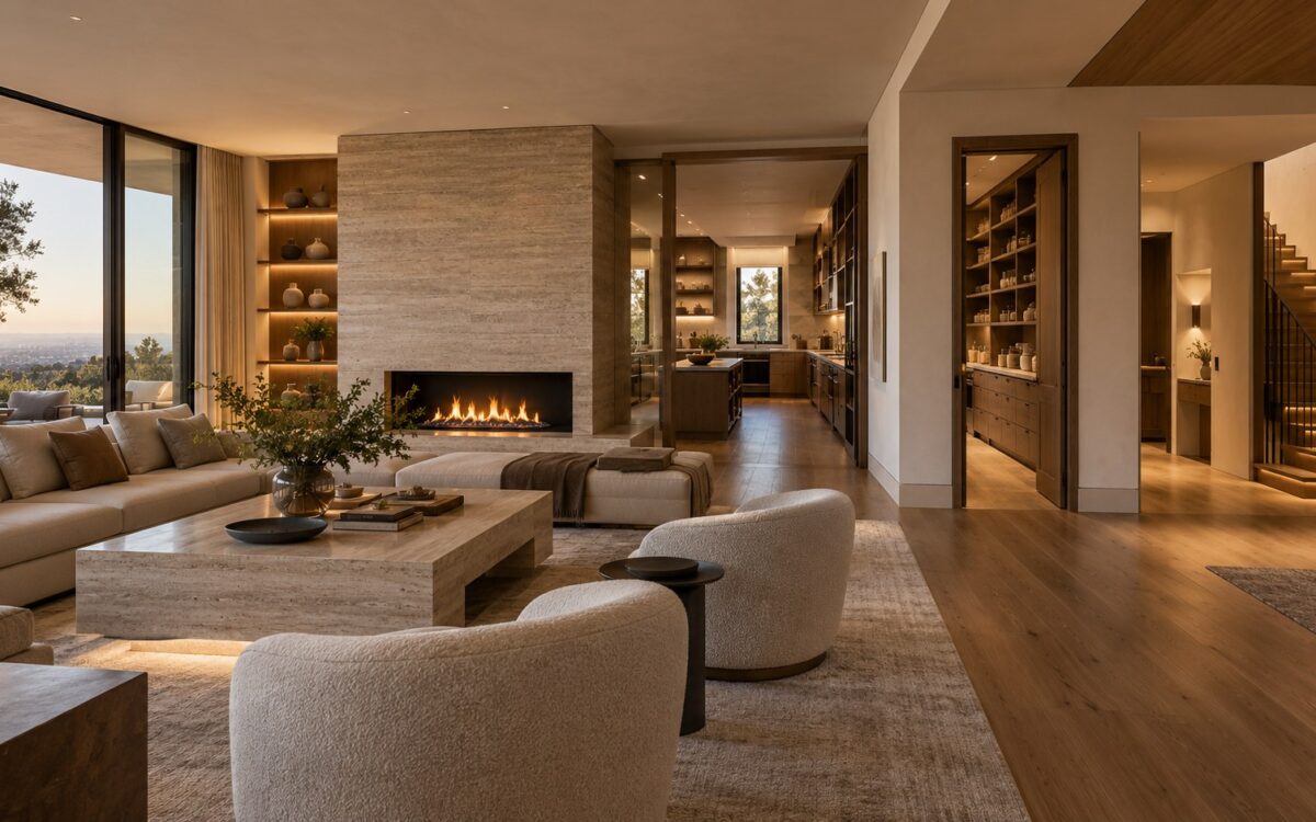 Editorial cutaway-style view of a contemporary luxury residence showing a calm living space beside an organized service core containing a back kitchen, pantry, stair, storage, utility rooms, and vertical service zones.