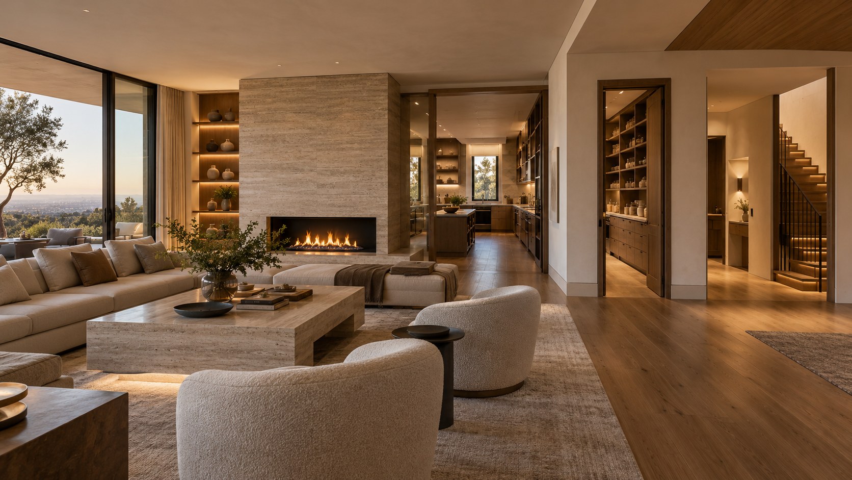 Editorial cutaway-style view of a contemporary luxury residence showing a calm living space beside an organized service core containing a back kitchen, pantry, stair, storage, utility rooms, and vertical service zones.