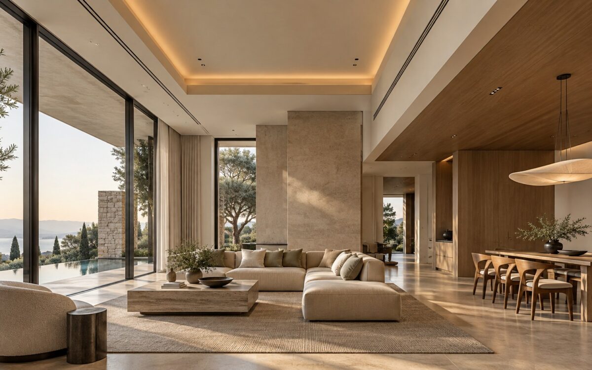 Luxury living interior with layered timber and plaster ceilings, integrated lighting, full-height glazing, and distinct spatial zones.