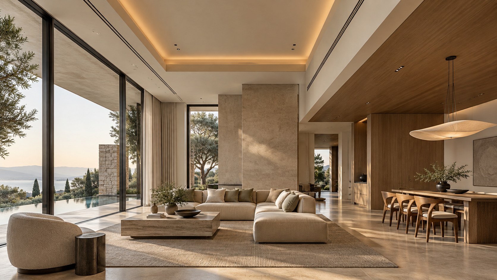 Luxury living interior with layered timber and plaster ceilings, integrated lighting, full-height glazing, and distinct spatial zones.