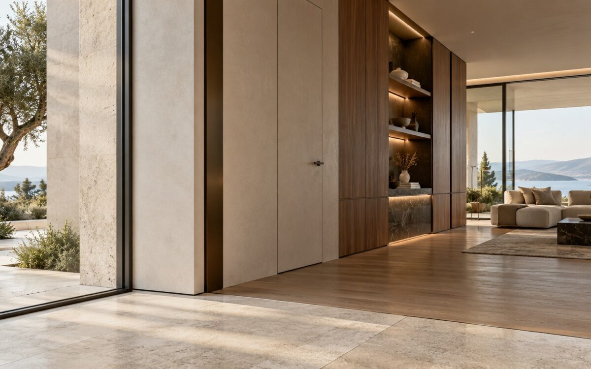 Refined contemporary interior showing precise transitions among limestone, timber, plaster, glass, and dark metal with controlled shadow gaps and flush detailing.