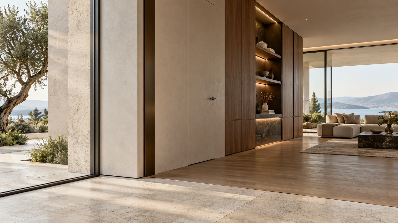 Refined contemporary interior showing precise transitions among limestone, timber, plaster, glass, and dark metal with controlled shadow gaps and flush detailing.
