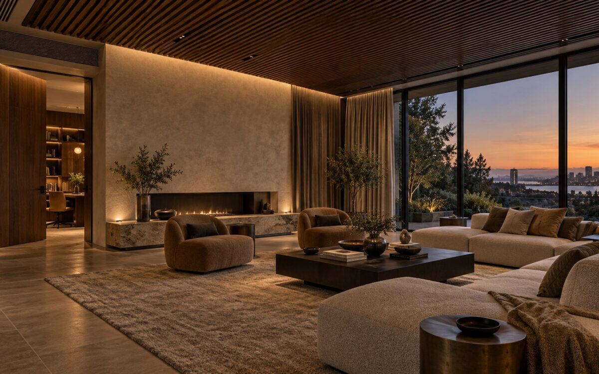 Quiet luxury living room with acoustic timber ceiling, deep glazing, soft textiles, and discreet mechanical details at dusk.