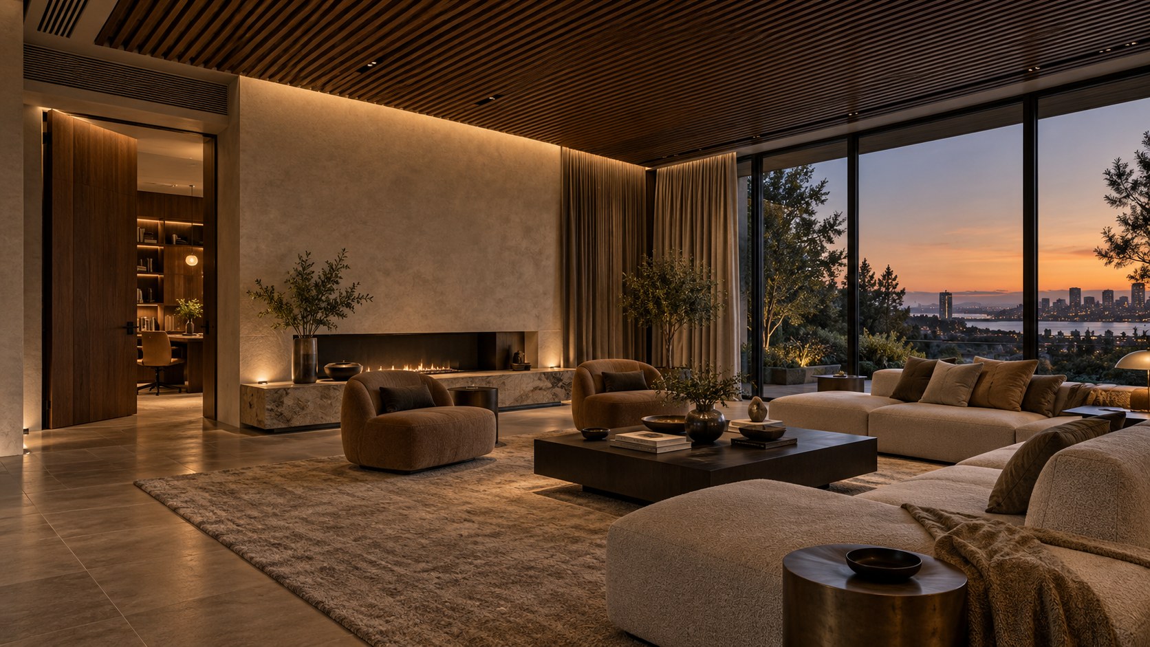 Quiet luxury living room with acoustic timber ceiling, deep glazing, soft textiles, and discreet mechanical details at dusk.
