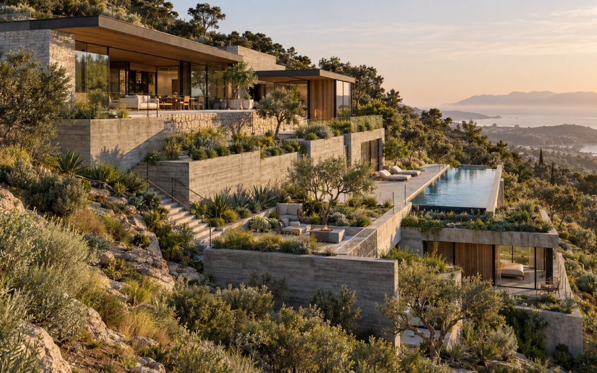 Contemporary hillside residence stepping through planted terraces and stone retaining walls above a broad landscape view.