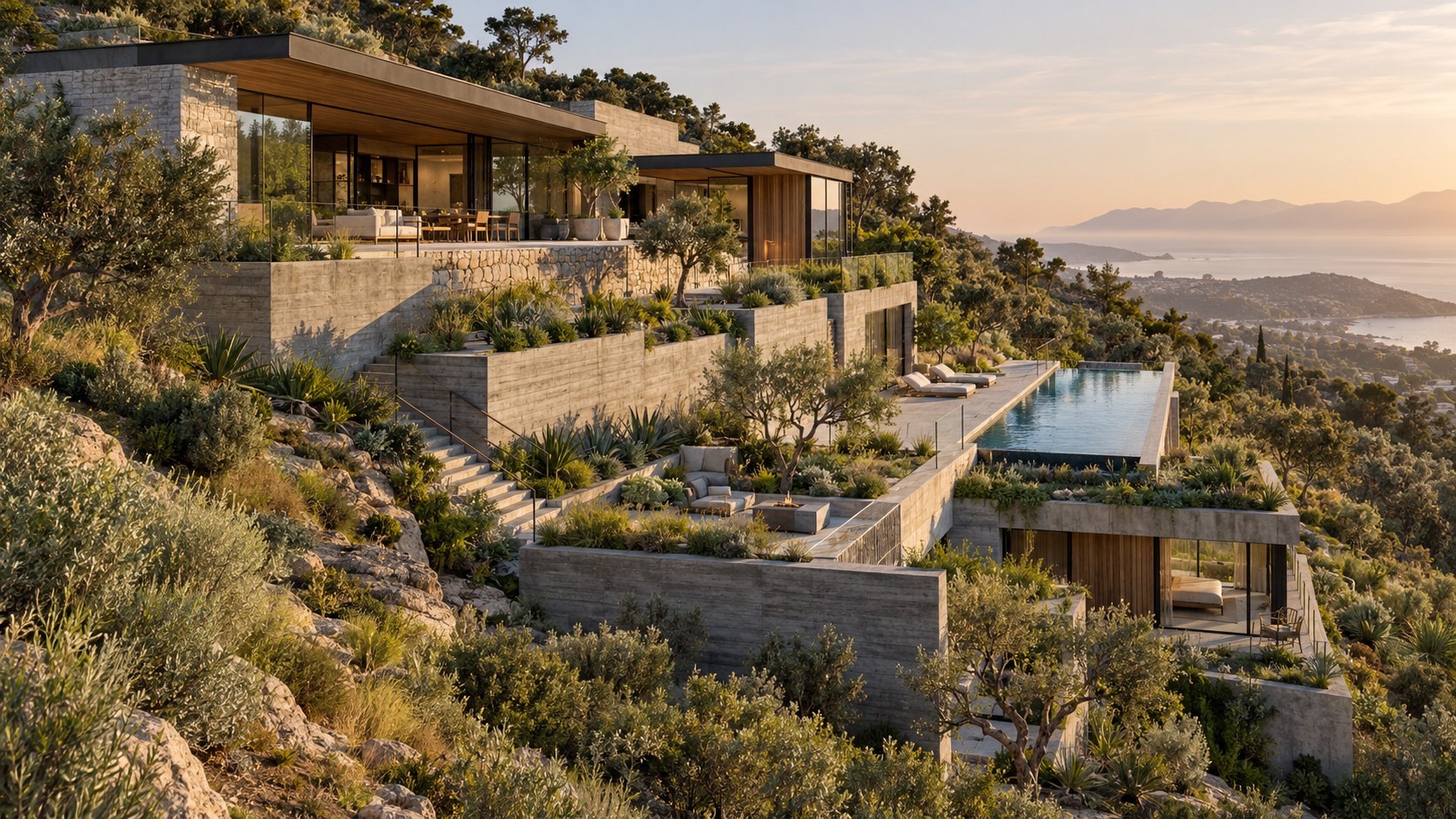 Contemporary hillside residence stepping through planted terraces and stone retaining walls above a broad landscape view.