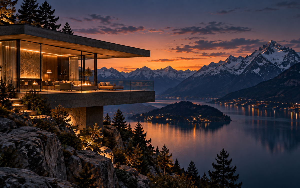 AI-generated contemporary mountain architecture at dusk overlooking an alpine lake and snow-capped peaks.