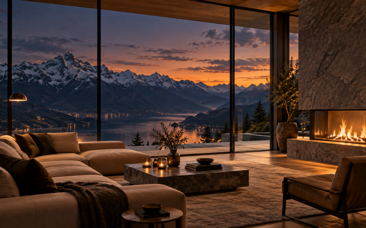 AI-generated luxury mountain living room with a stone fireplace, warm lighting, glass walls, and an alpine lake view.