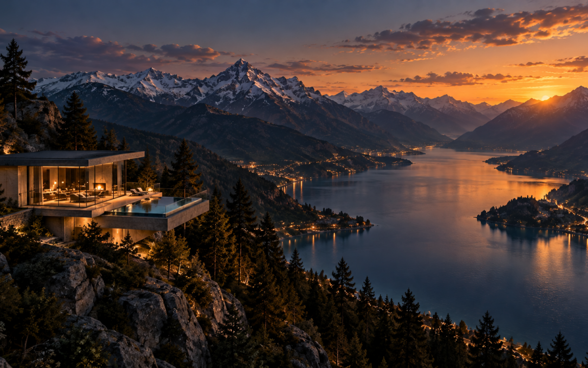 AI-generated panoramic mountain-lake architecture scene at sunset with a contemporary home and expansive views.