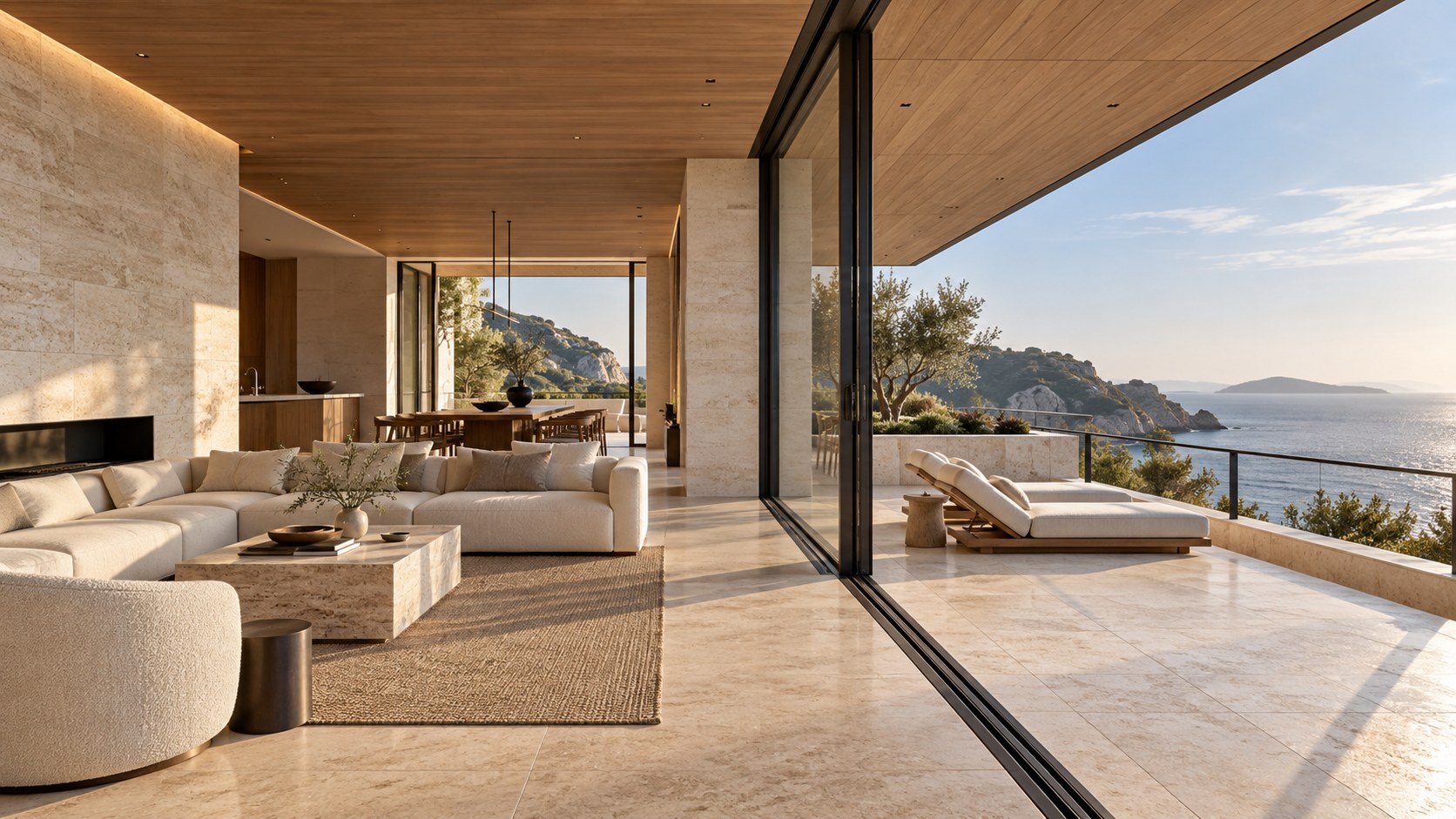 Pale stone, warm timber, dark metal, glass, and ivory upholstery create a restrained coastal material palette.