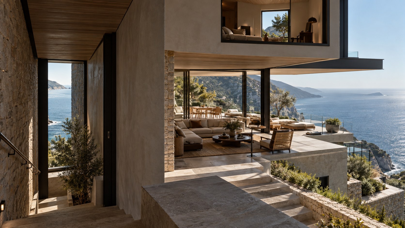 Layered hillside interiors reveal the sea gradually through framed openings, terraces, and changing levels.
