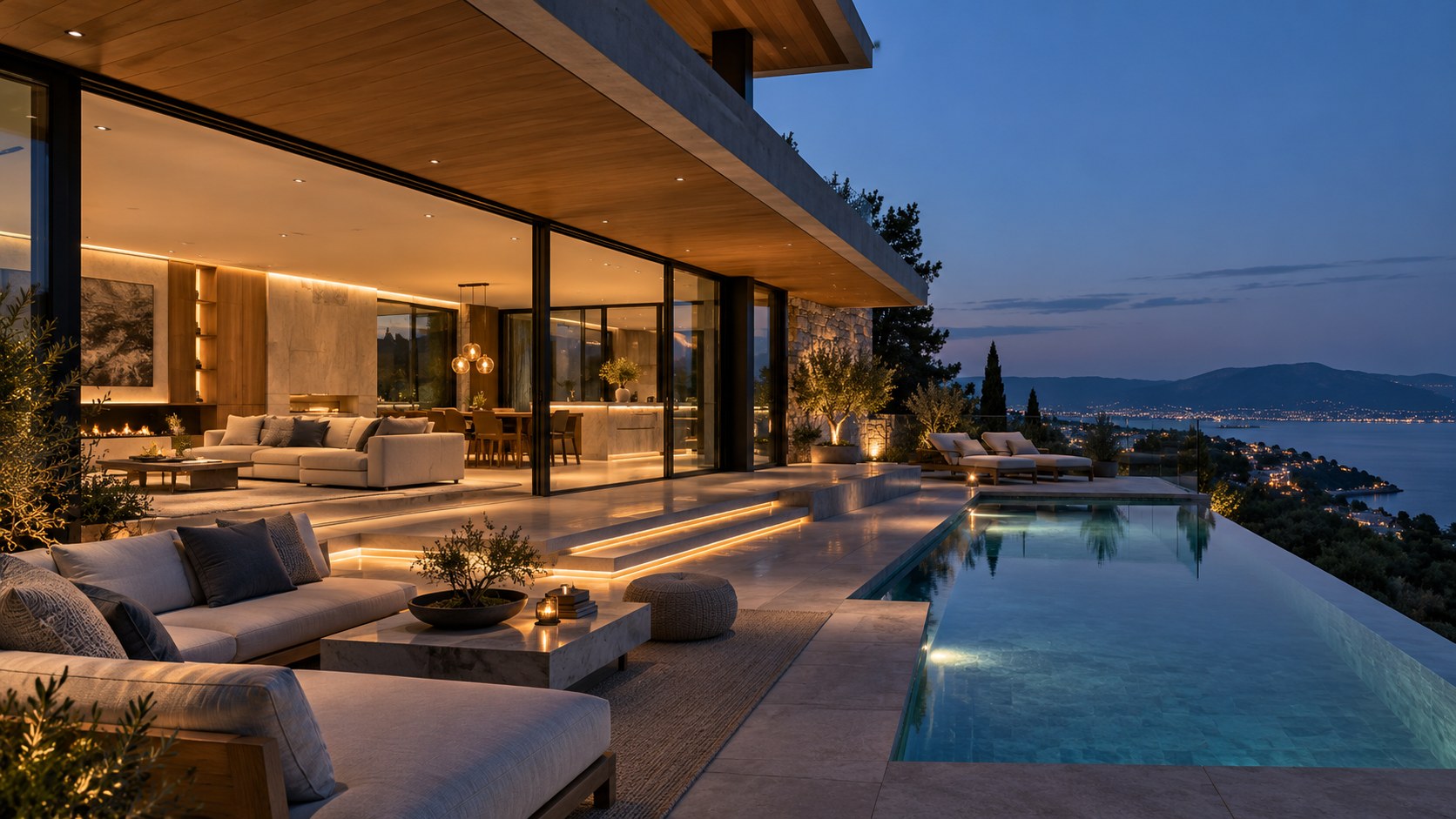 Blue-hour hillside villa uses layered warm lighting, deep overhangs, and controlled reflections to preserve the coastal view.