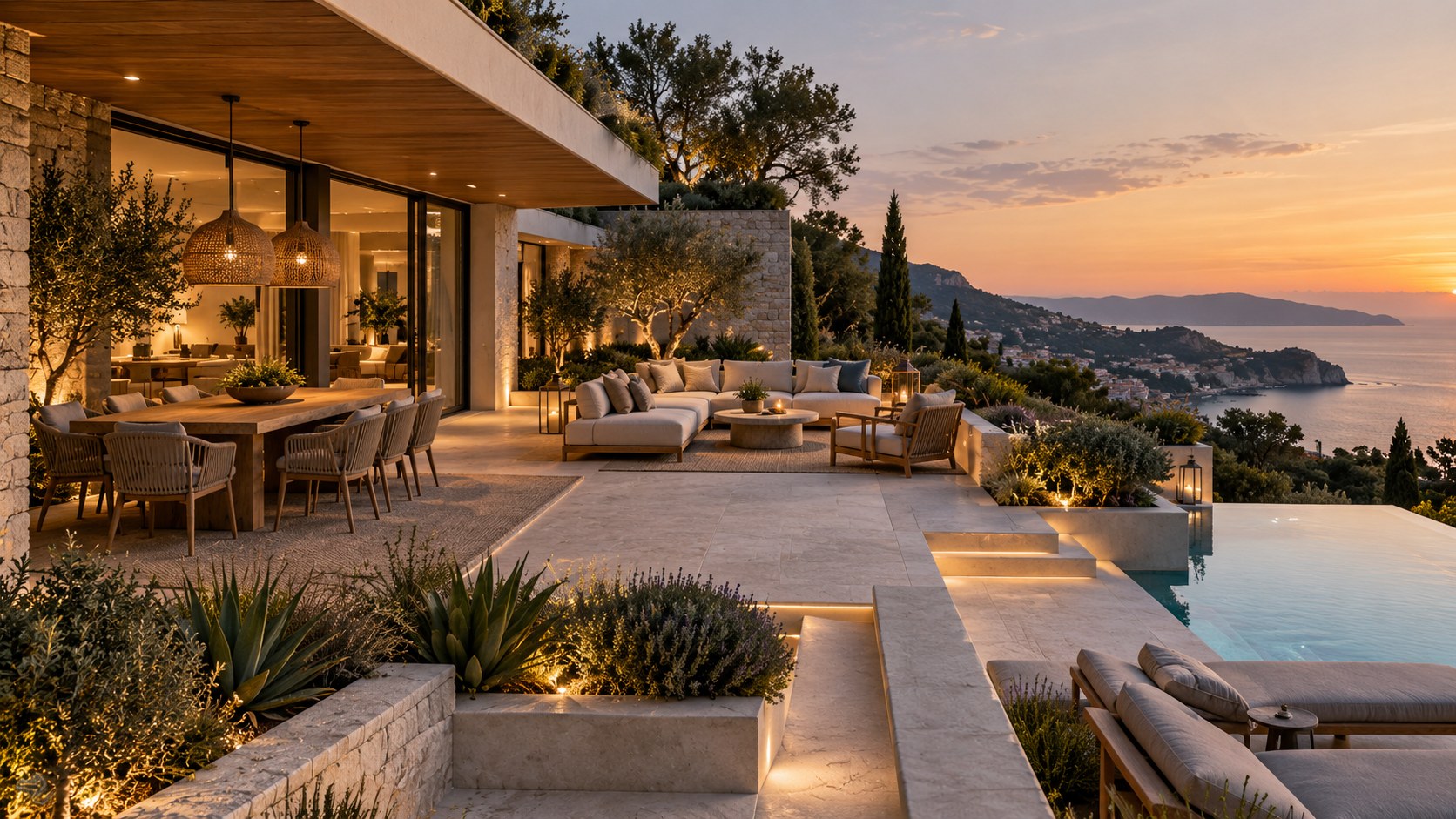 Shaded dining, lounge seating, planting, and clear circulation turn a hillside terrace into a real outdoor room.