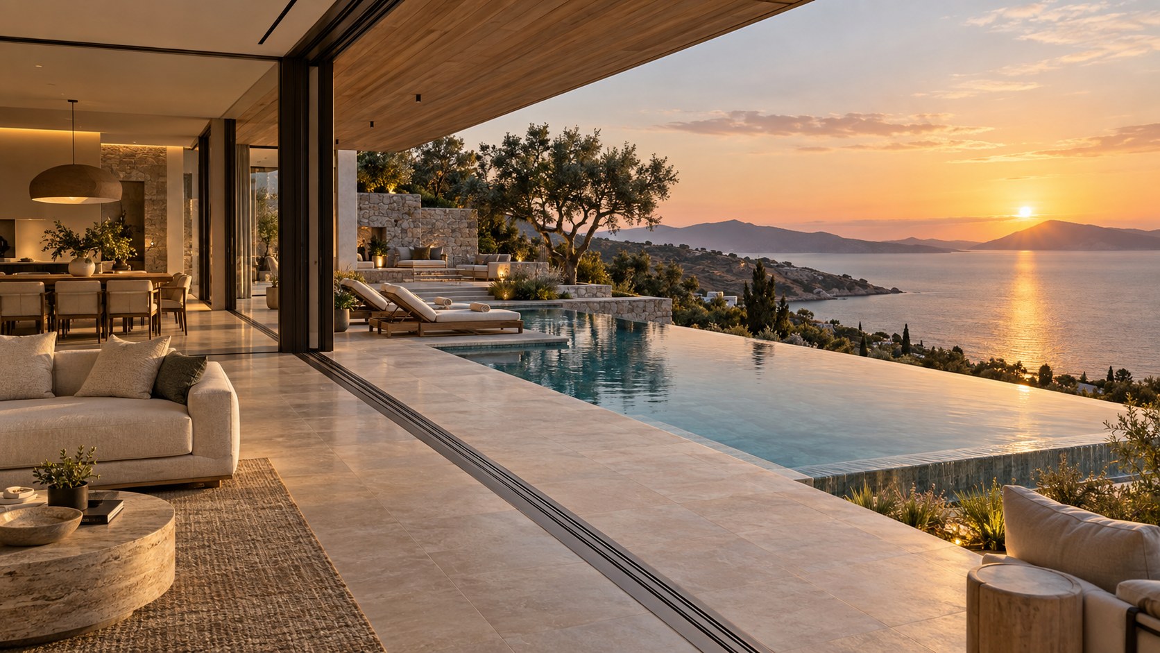 Infinity pool, terrace, interior floor, and sea horizon align as layered horizontal planes on a hillside villa.