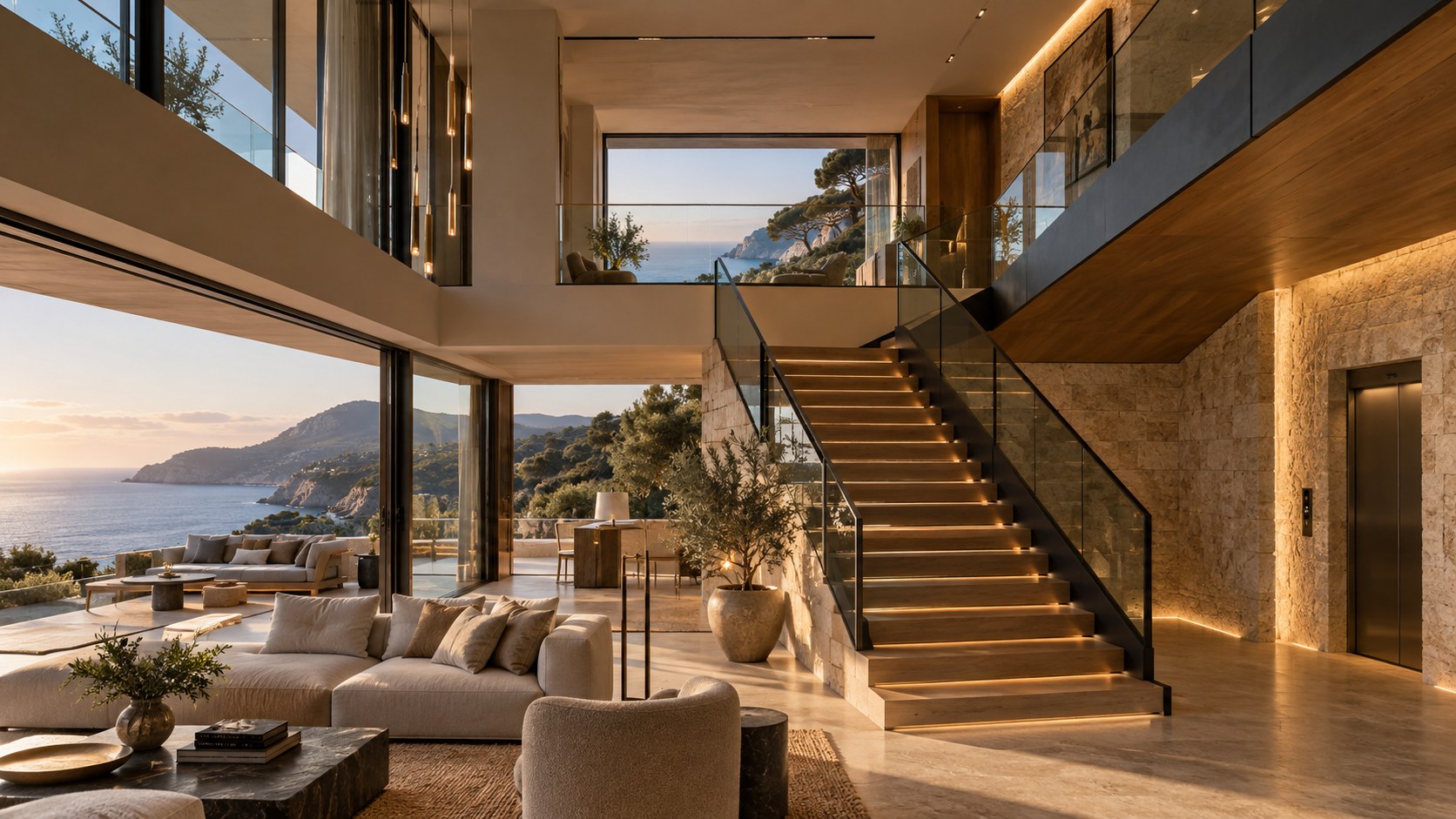 Sculptural stair, upper gallery, lift, and framed sea view organize vertical movement through a hillside villa.