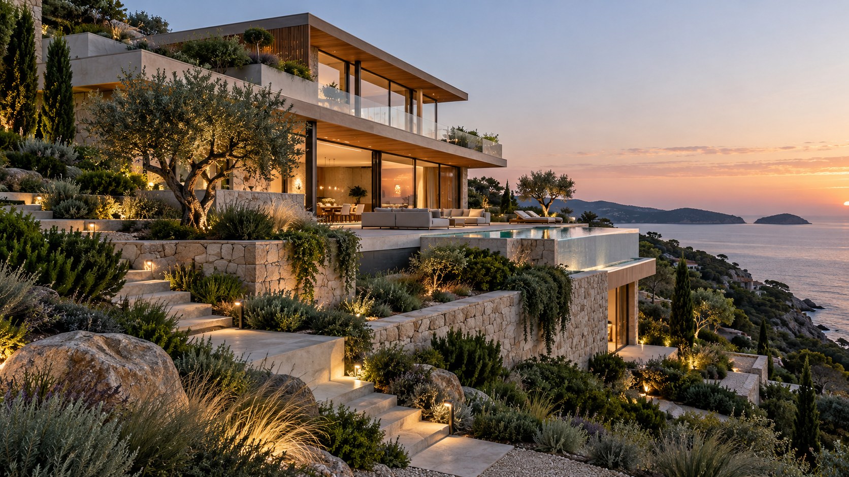 Layered planting, retaining walls, and stepped terraces anchor a glass villa into a coastal hillside.