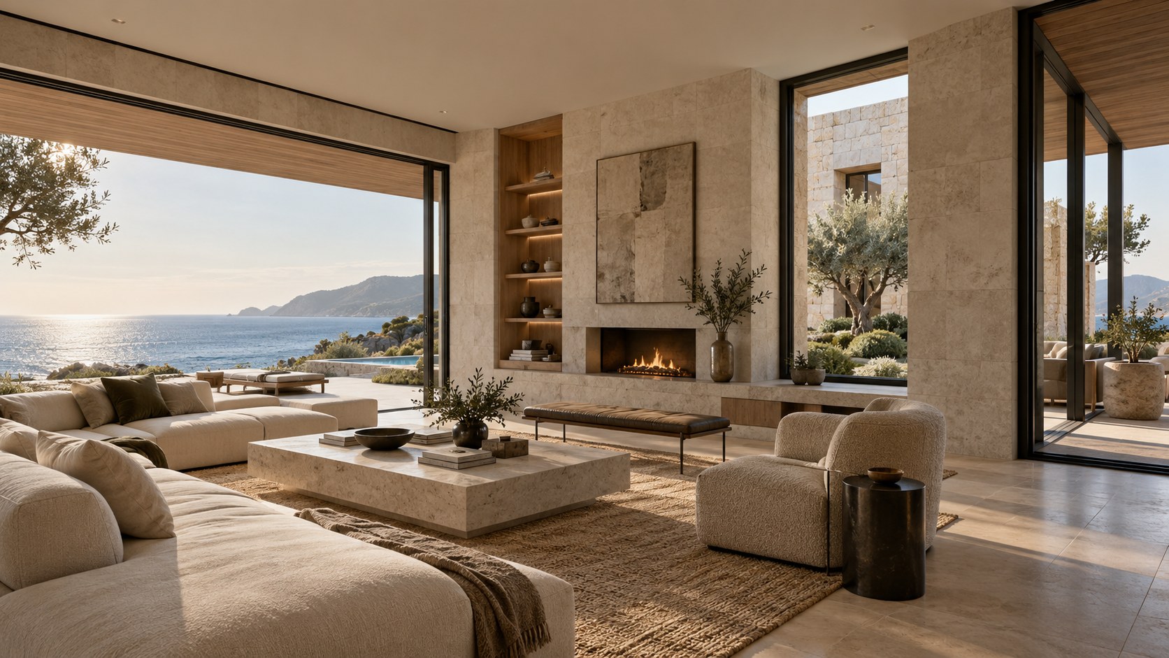 Panoramic, framed, and shaded glazing alternate with solid stone walls in a coastal living room.