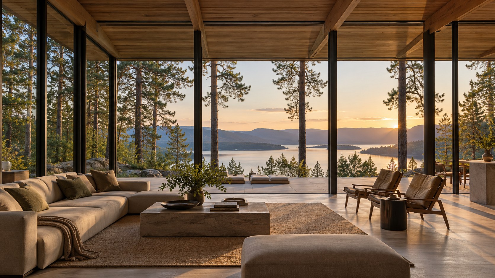 Steel columns and timber beams align with forest and horizon lines in a view-oriented pavilion.