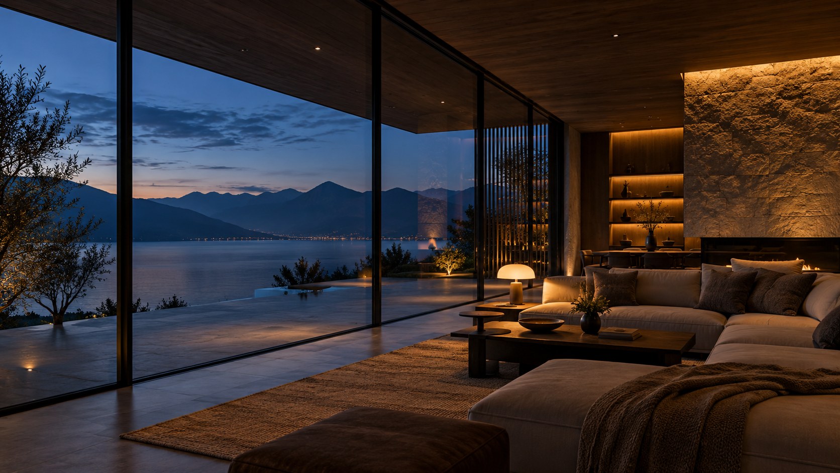 Low interior lighting preserves a blue-hour lake view through large glass while limiting distracting reflections.