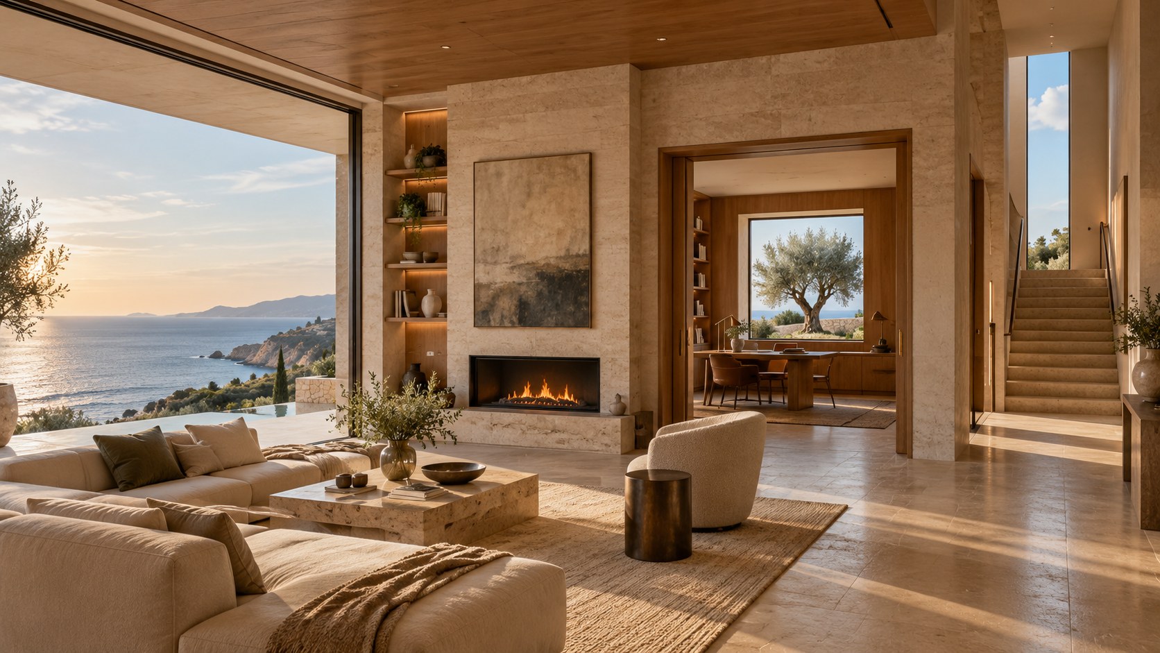 Connected rooms use panoramic, square, and vertical openings to create a hierarchy of coastal views.