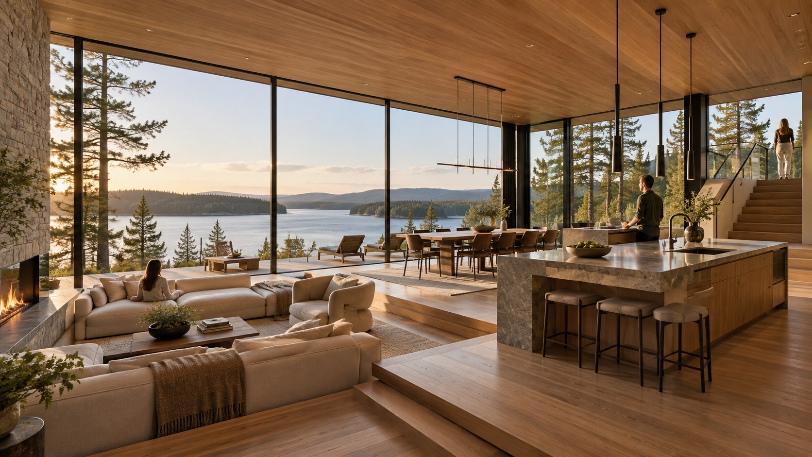 Seated, standing, and stair-level sightlines share an unobstructed lake horizon in one coordinated interior.