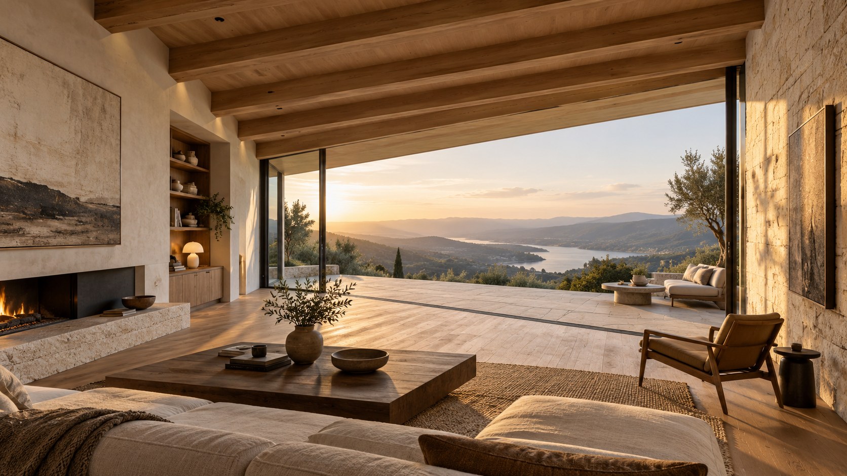 Floorboards, ceiling beams, and side walls direct a hillside living room toward a framed valley view.