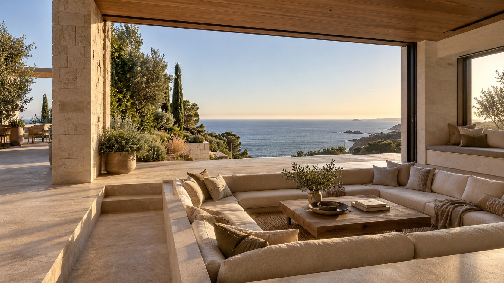 A lowered coastal lounge preserves the ocean horizon while walls and planting screen neighboring sightlines.