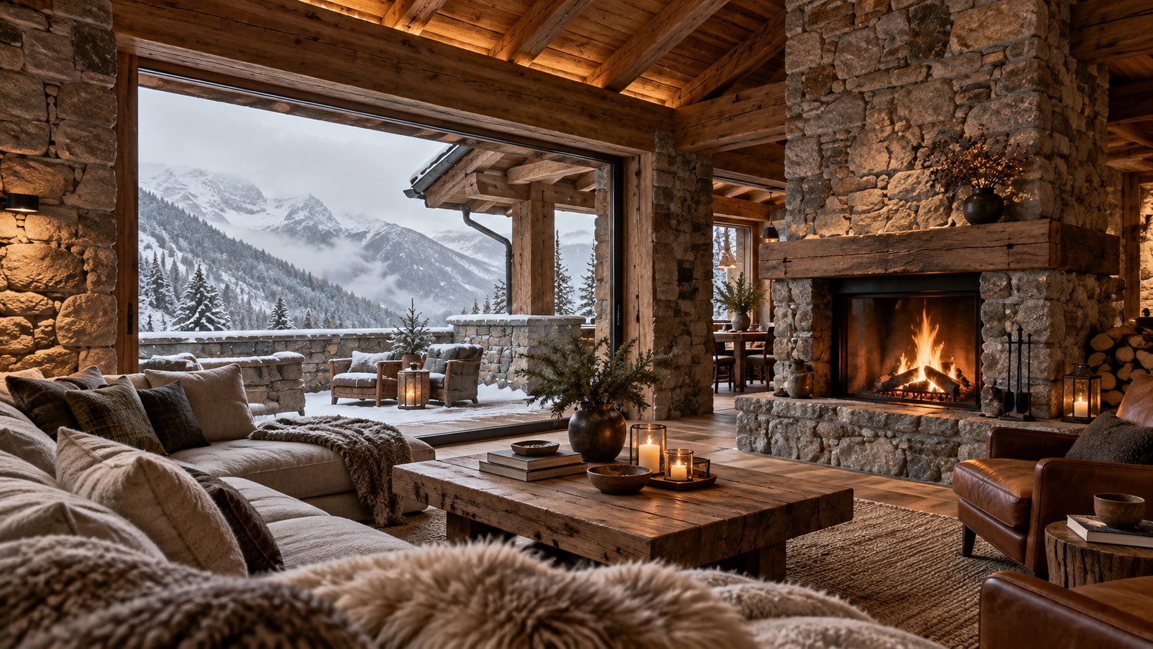 Sheltered alpine living room frames snowy mountains through deep stone walls and a timber roof.
