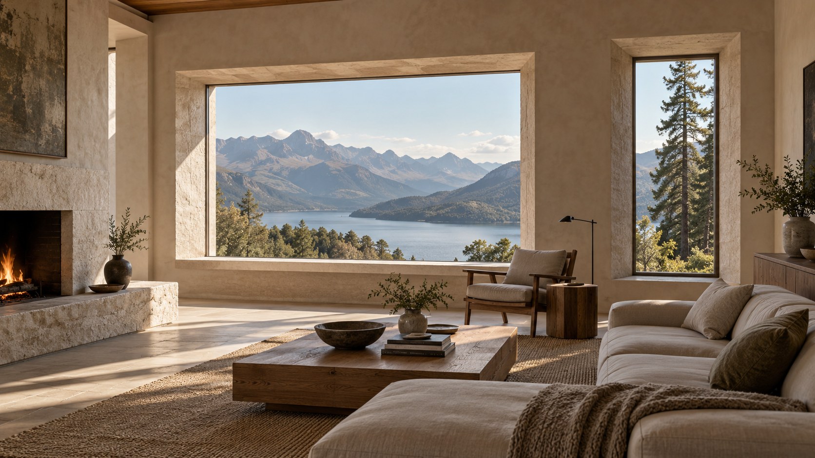 Deep-set windows frame a mountain lake and tall trees from a restrained contemporary living room.