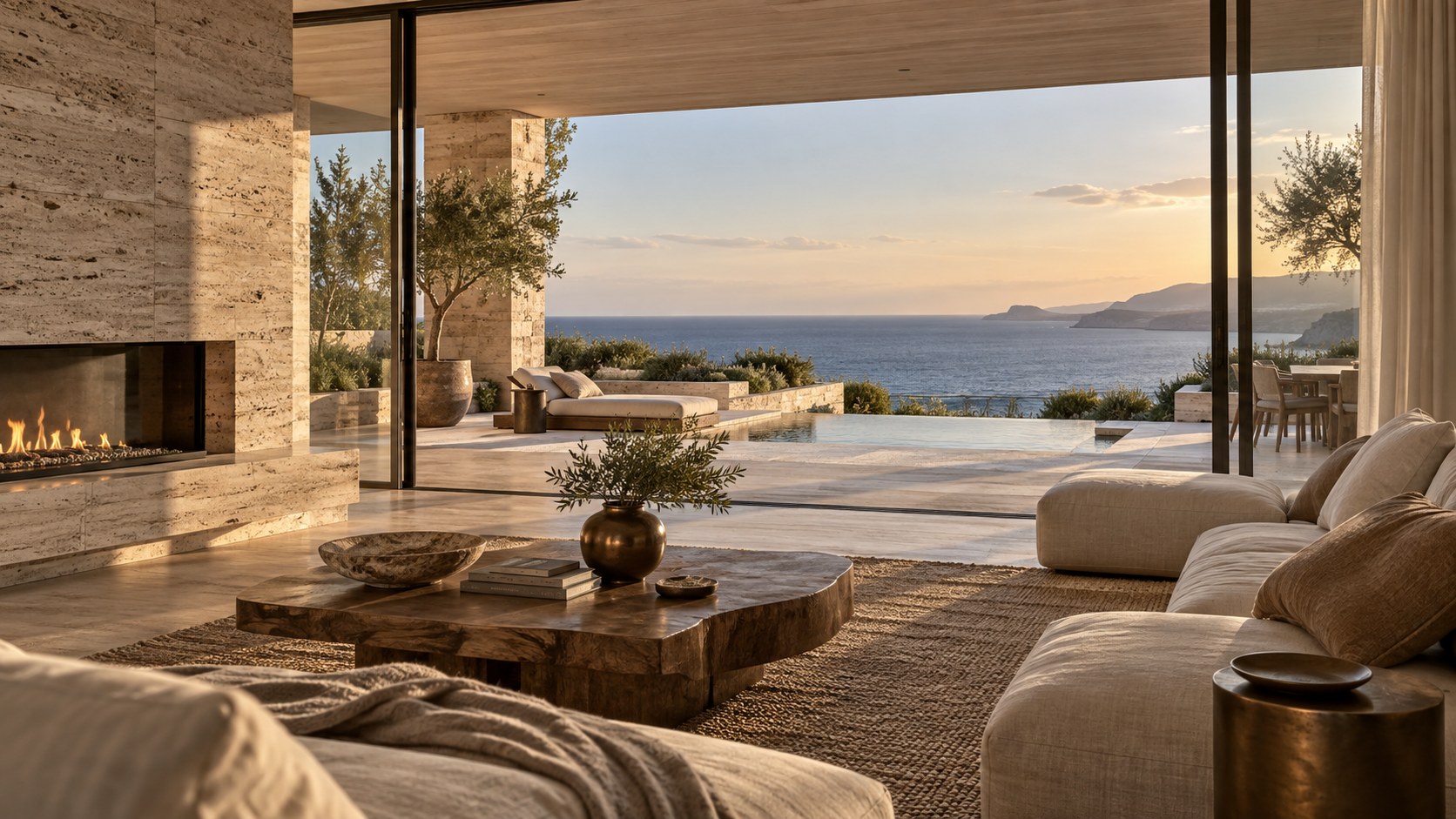 A compressed entry corridor turns toward a bright living room and delayed mountain panorama.