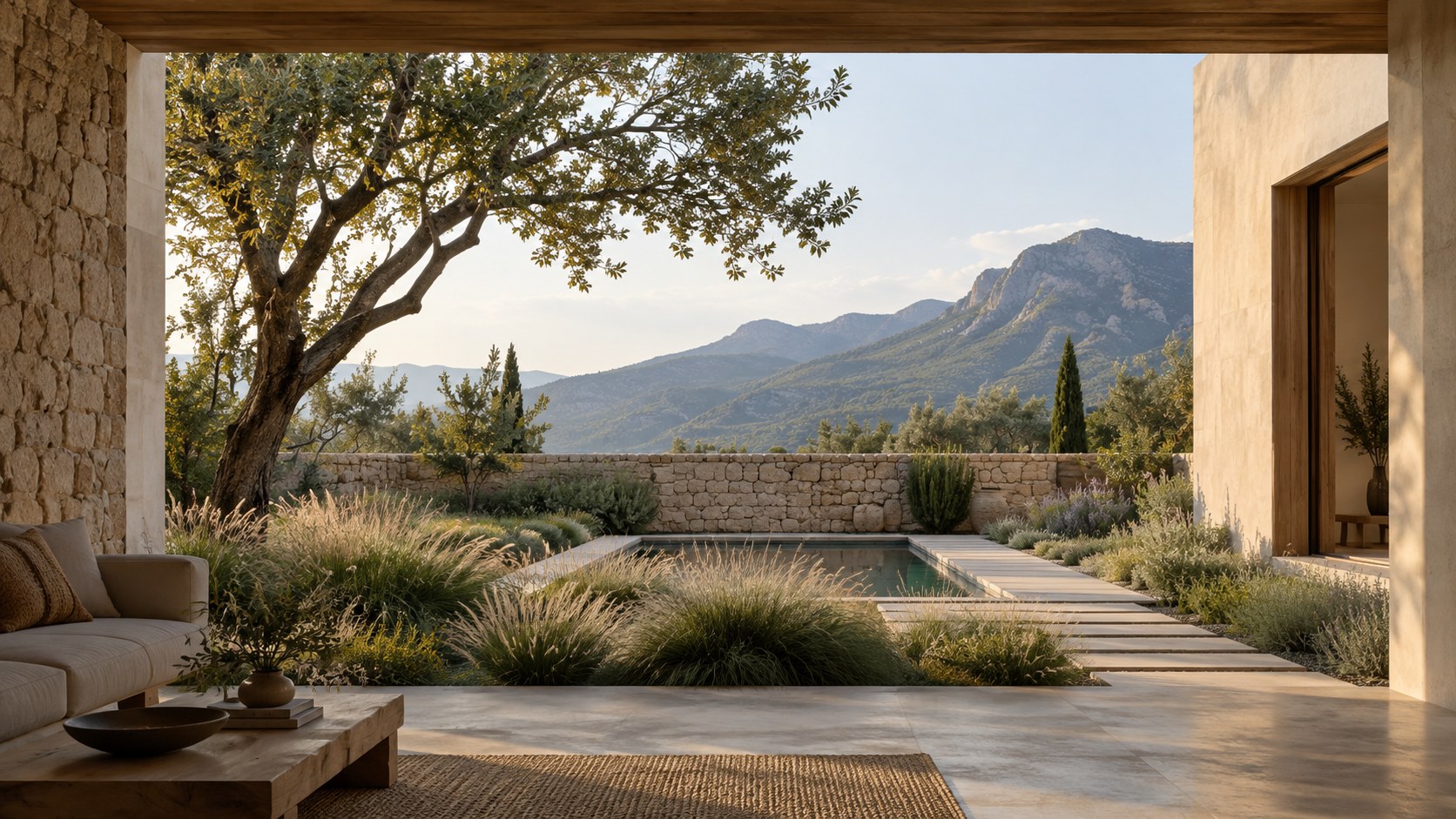 Courtyard planting, a sculptural tree, low wall, and water basin shape a distant mountain view.