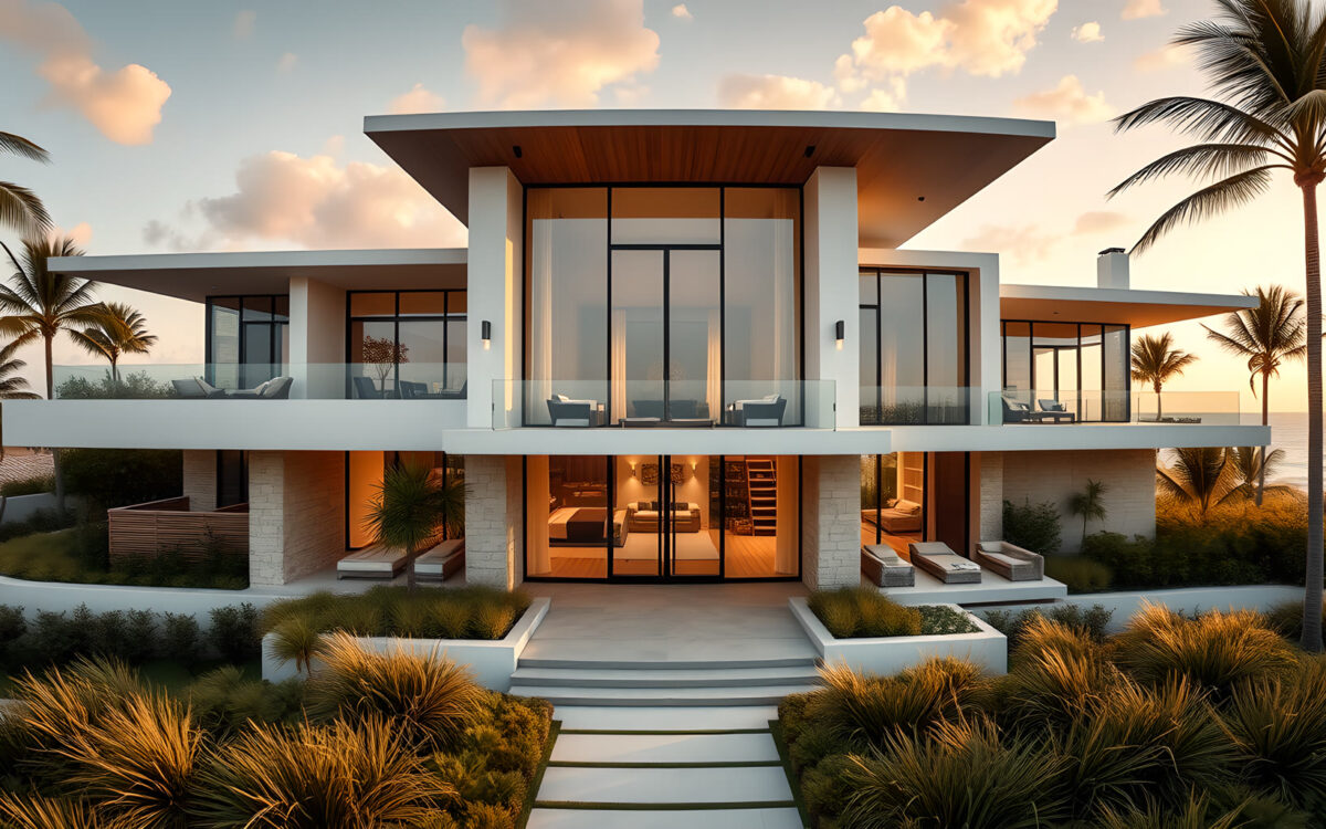 AI-generated Front Exterior scene from Sea Glass Beach House.
