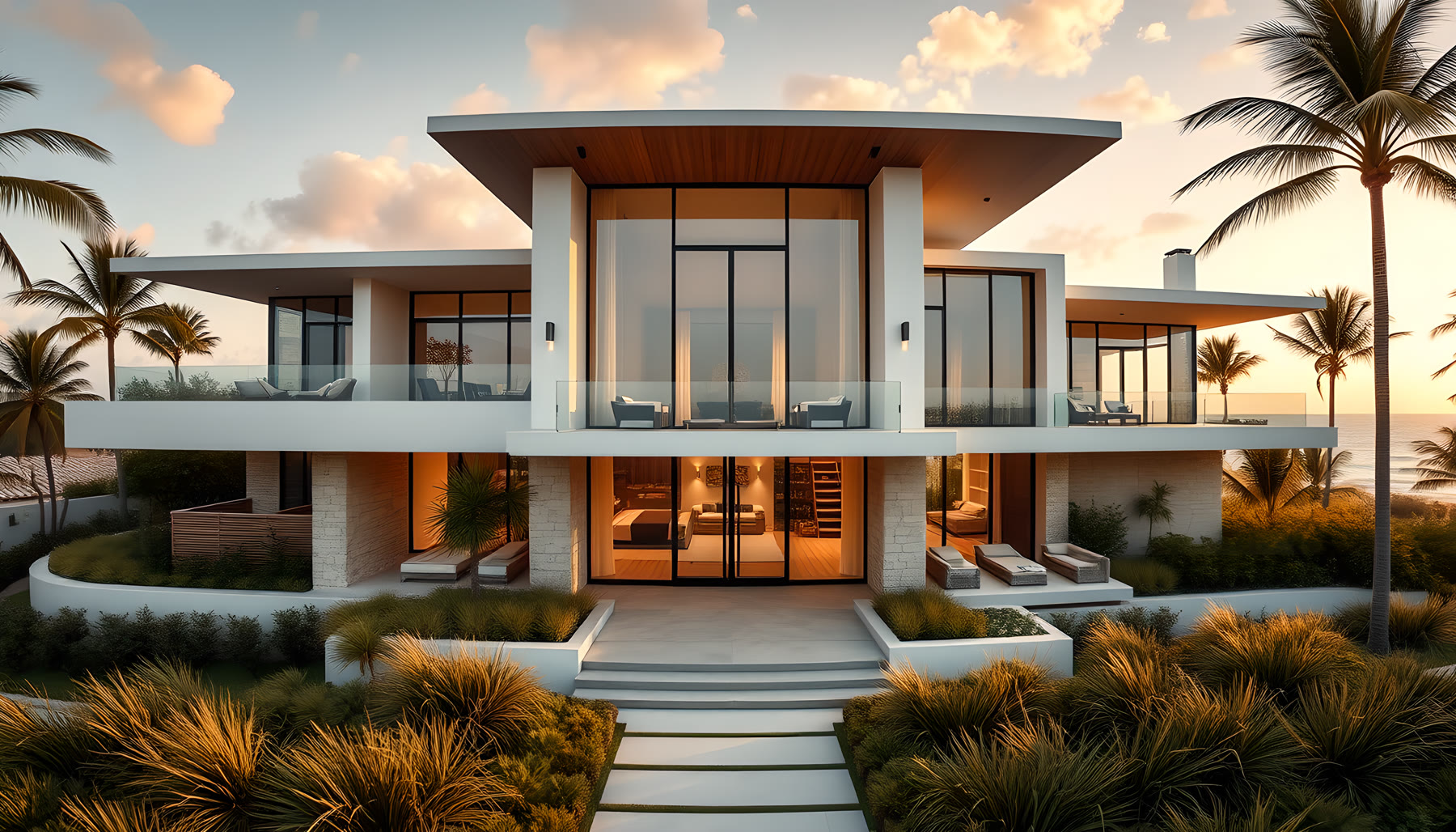 AI-generated Front Exterior scene from Sea Glass Beach House.