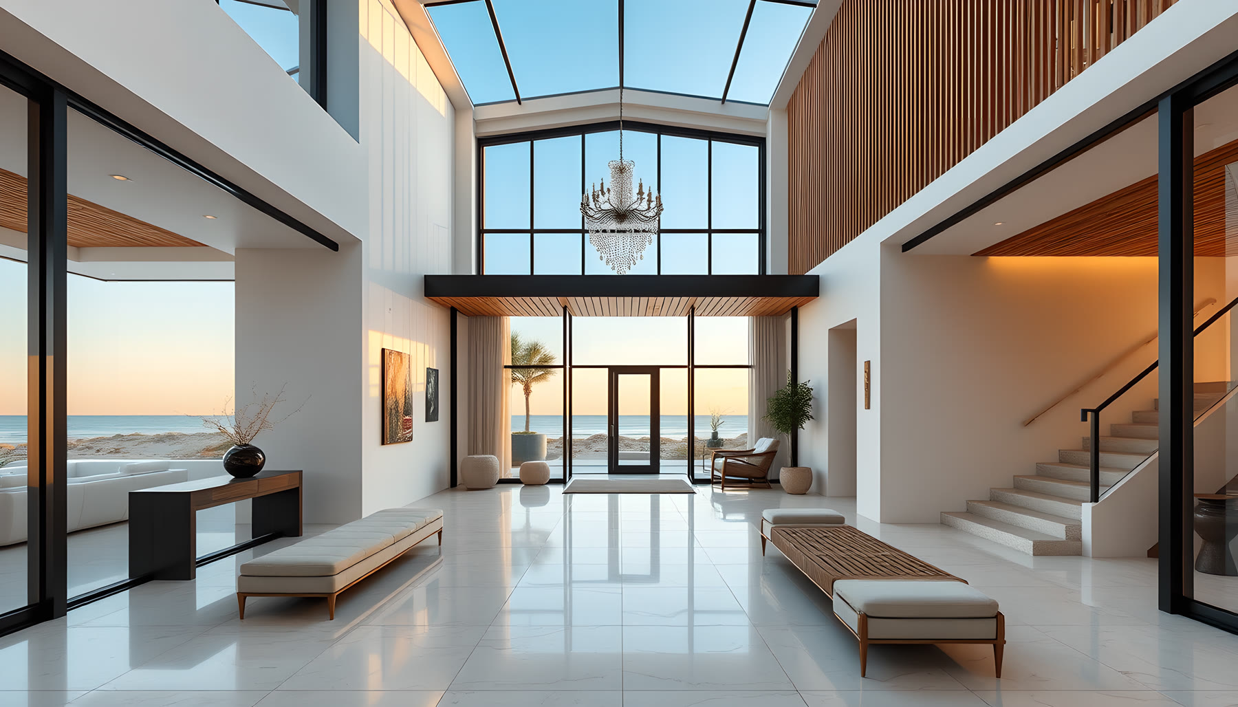 AI-generated Foyer scene from Sea Glass Beach House.