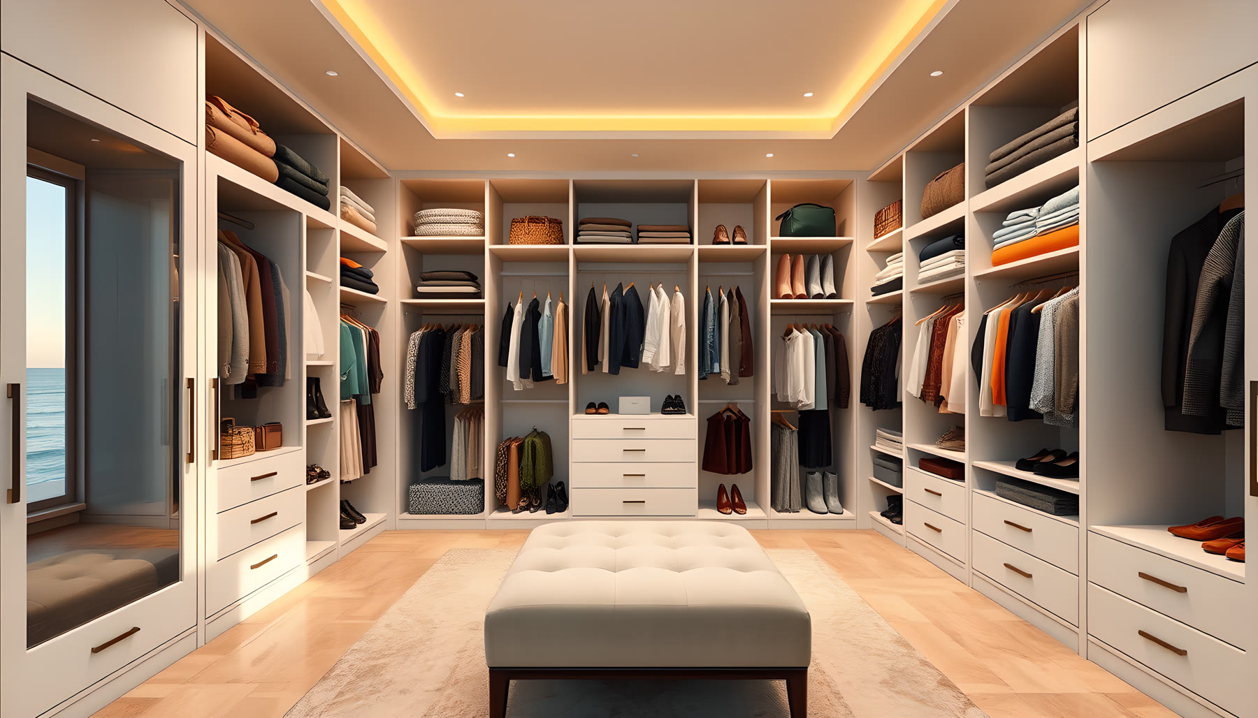 AI-generated Walk-In Closet scene from Sea Glass Beach House.
