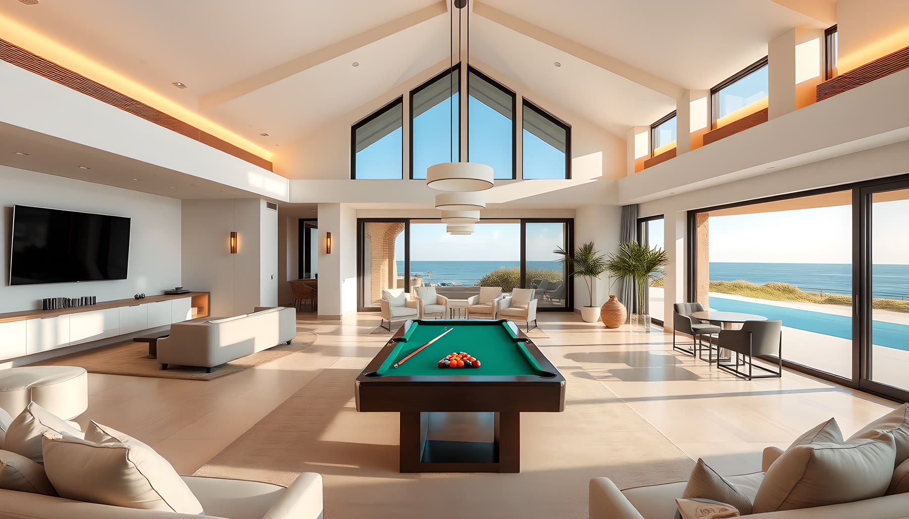 AI-generated Entertainment Room scene from Sea Glass Beach House.