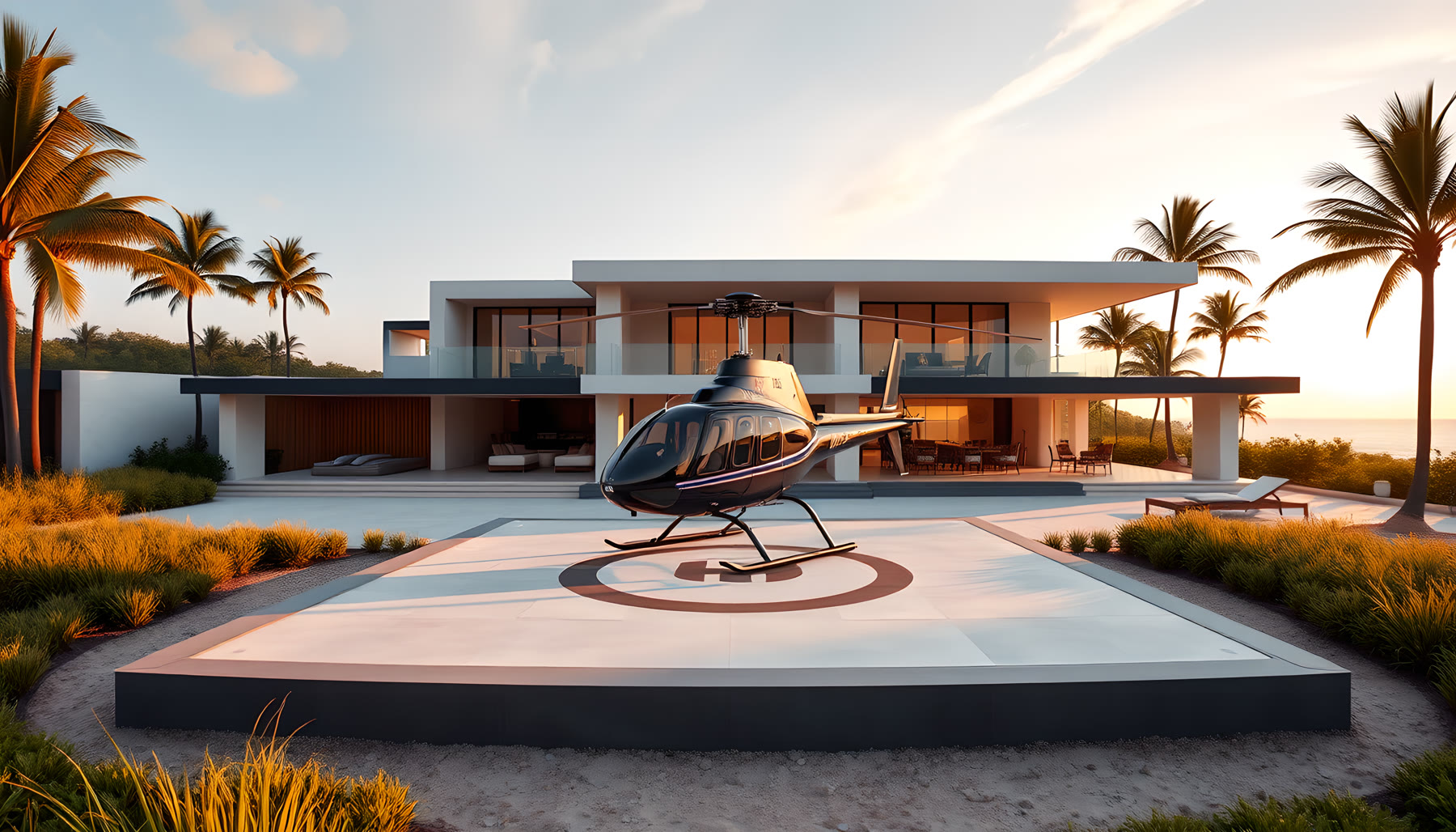 AI-generated Helipad scene from Sea Glass Beach House.