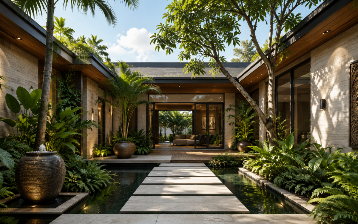 AI-generated tropical courtyard with stepping stones, reflecting water, lush planting, warm wood, and stone.