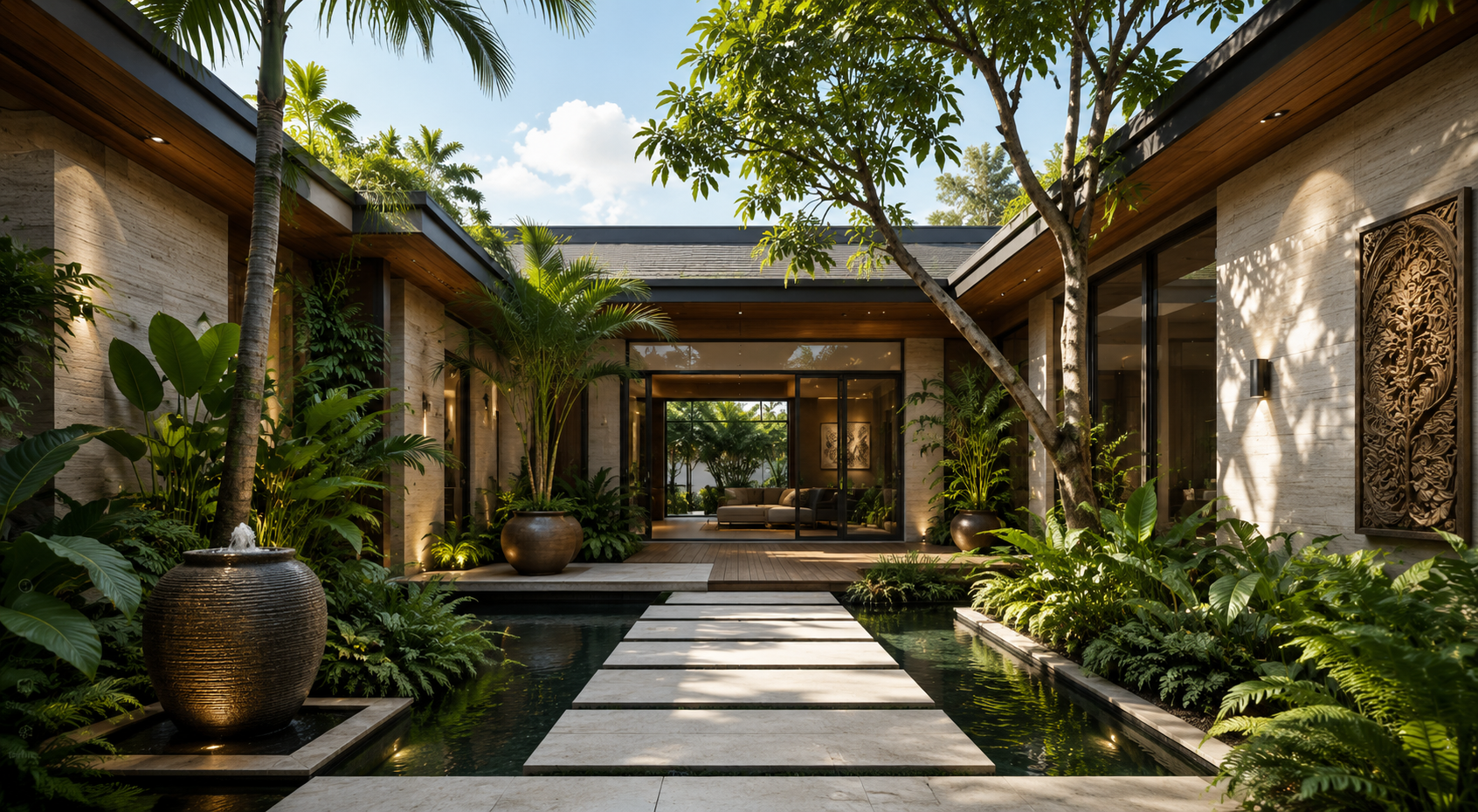 AI-generated tropical courtyard with stepping stones, reflecting water, lush planting, warm wood, and stone.