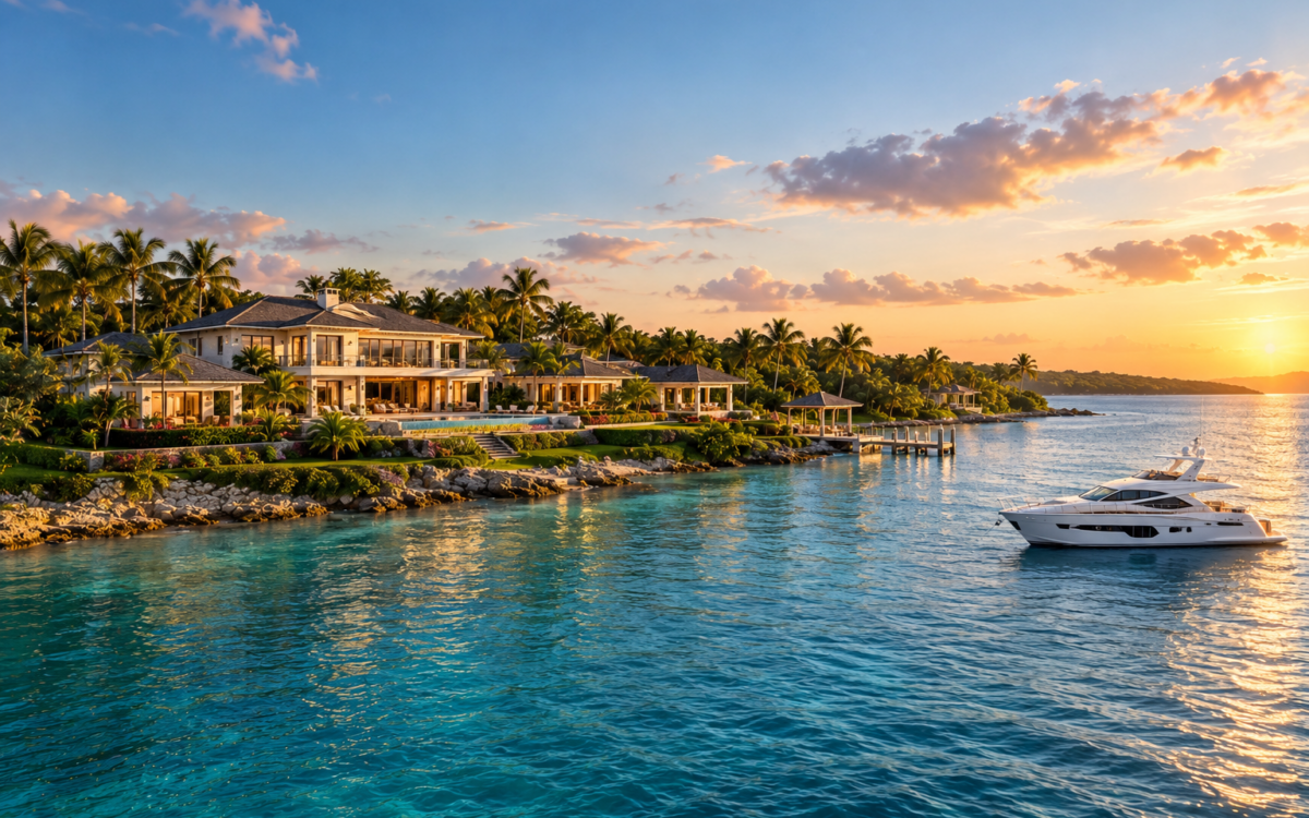 AI-generated tropical luxury villa on a landscaped coastline at golden hour, with palms, water, and a yacht.