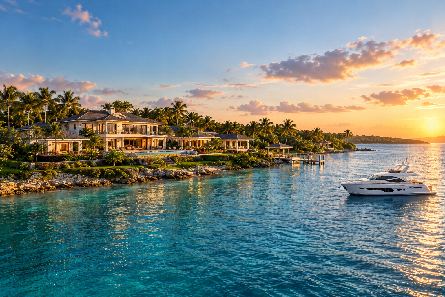 AI-generated tropical luxury villa on a landscaped coastline at golden hour, with palms, water, and a yacht.