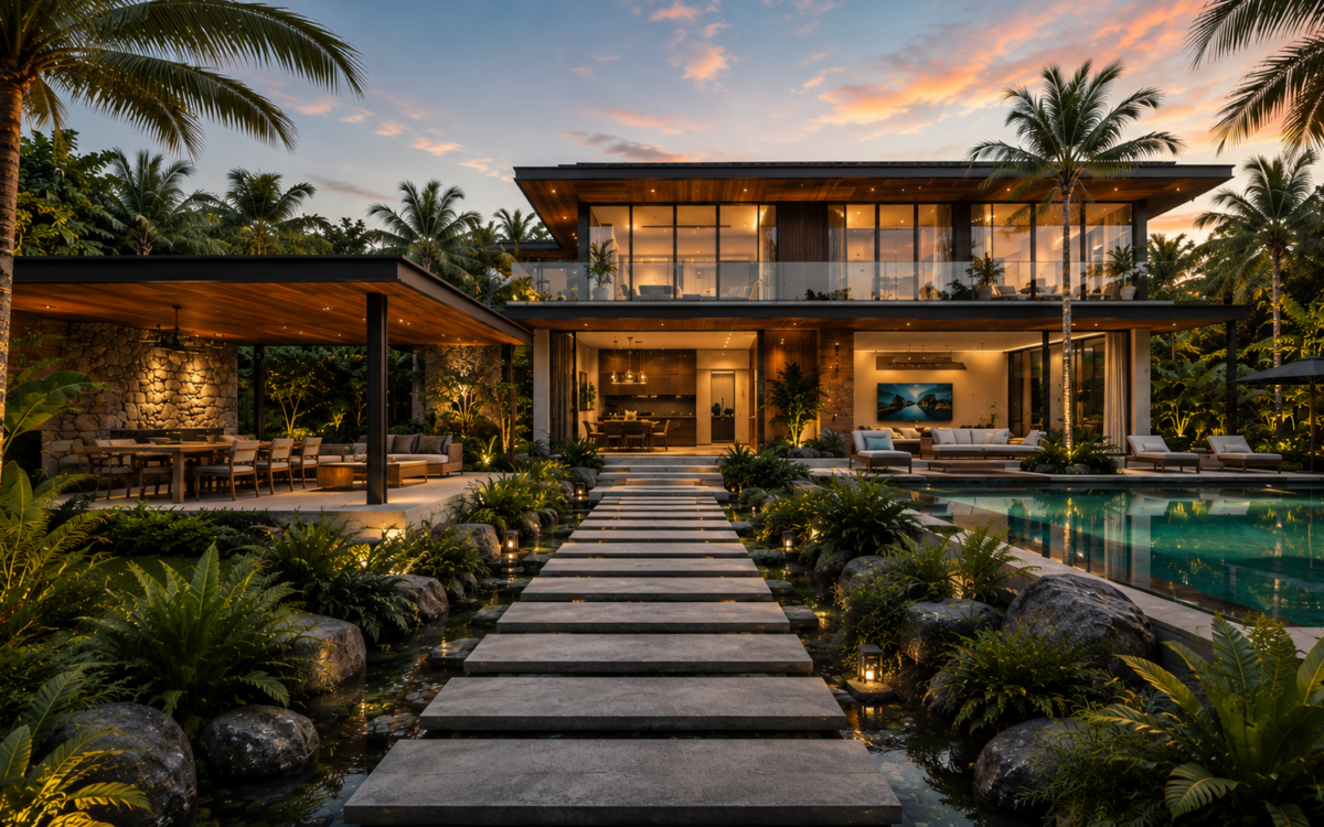 AI-generated modern tropical villa at dusk with warm interior lighting, lush landscaping, water, and outdoor living areas.
