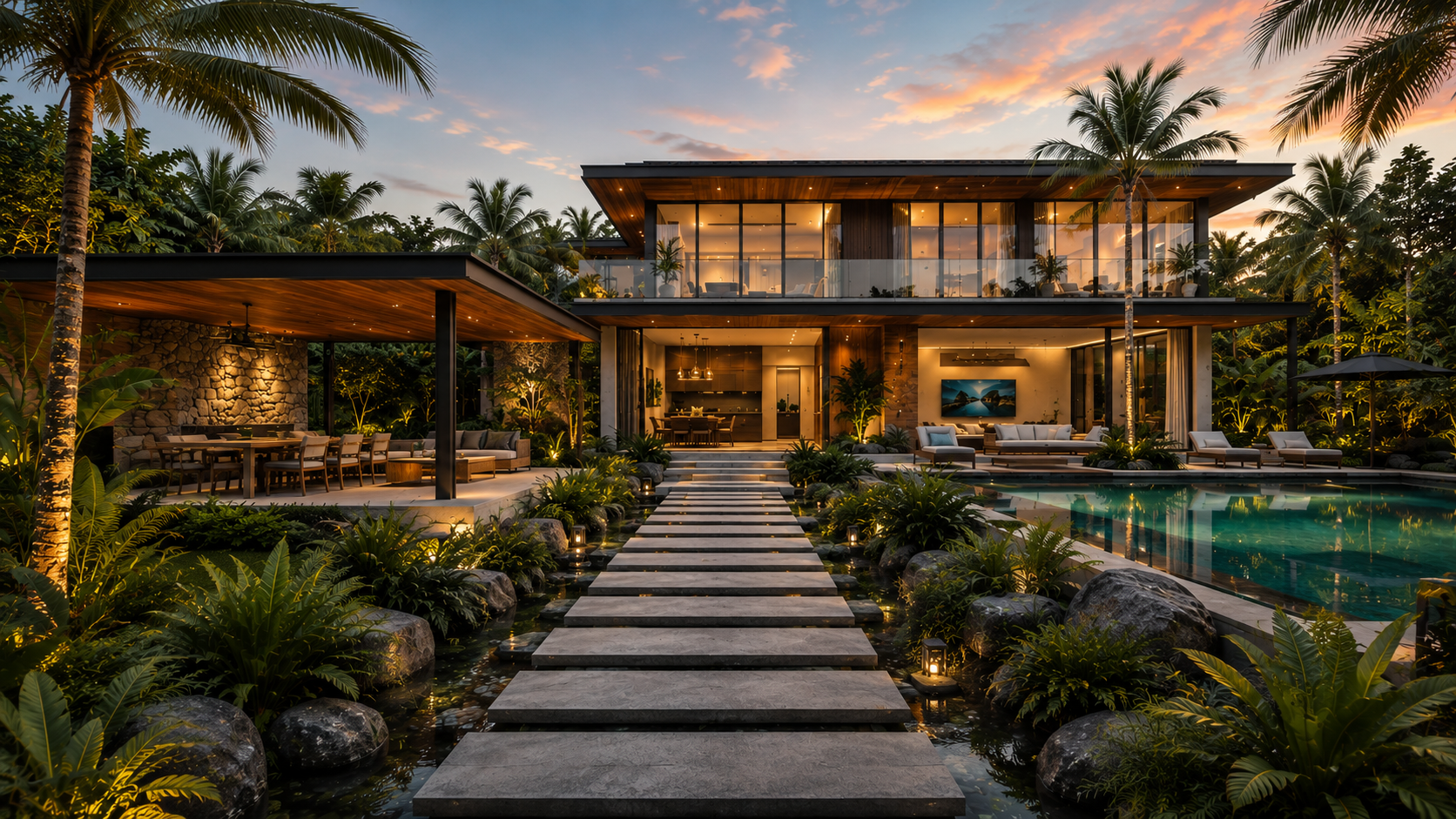AI-generated modern tropical villa at dusk with warm interior lighting, lush landscaping, water, and outdoor living areas.