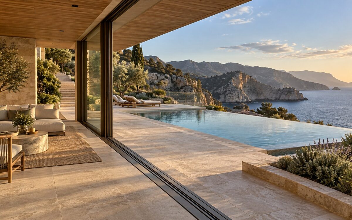 Contemporary coastal residence with a sheltered pale-stone terrace, a grounded infinity pool, and rugged cliffs descending toward the sea.