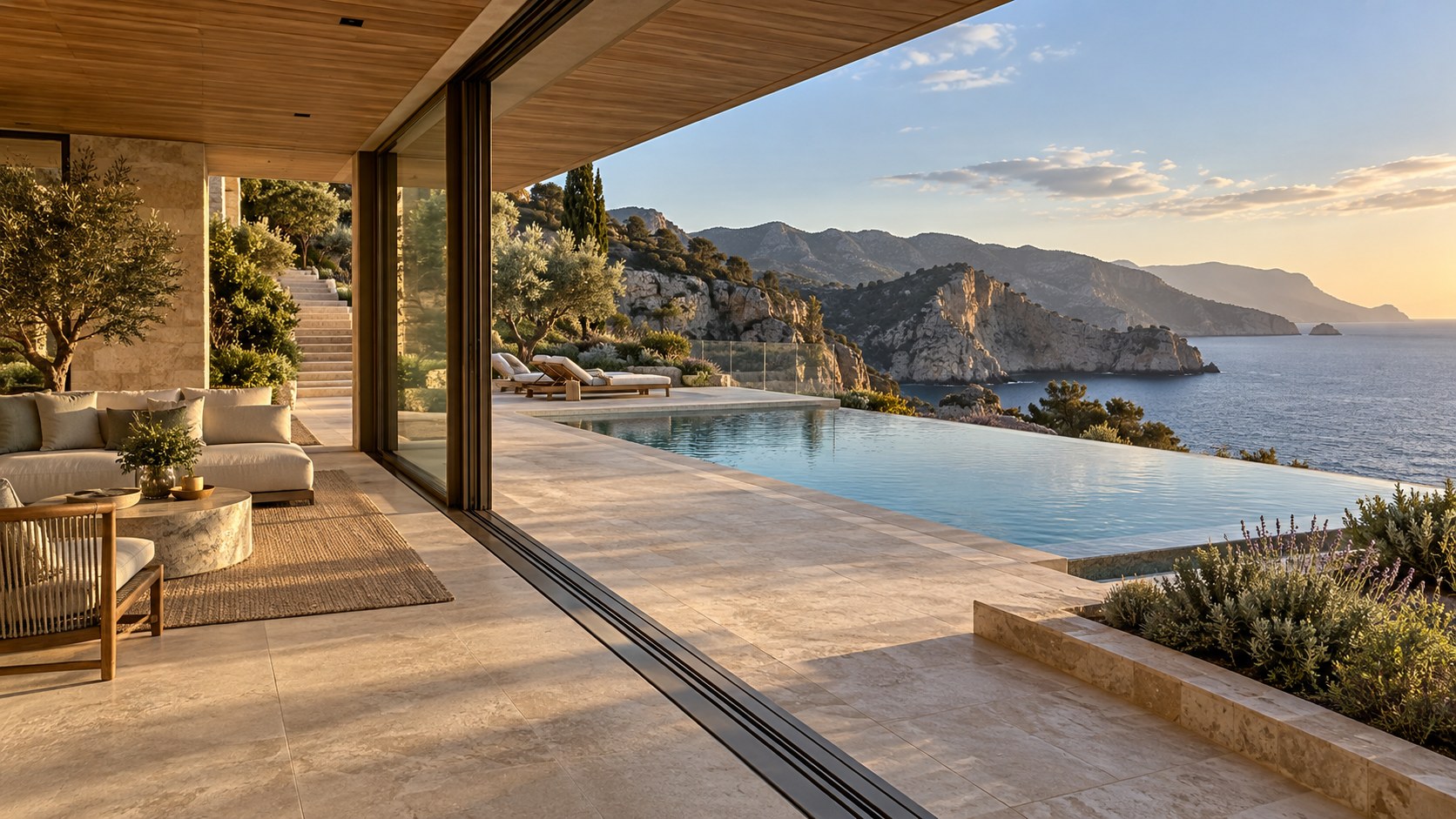 Contemporary coastal residence with a sheltered pale-stone terrace, a grounded infinity pool, and rugged cliffs descending toward the sea.