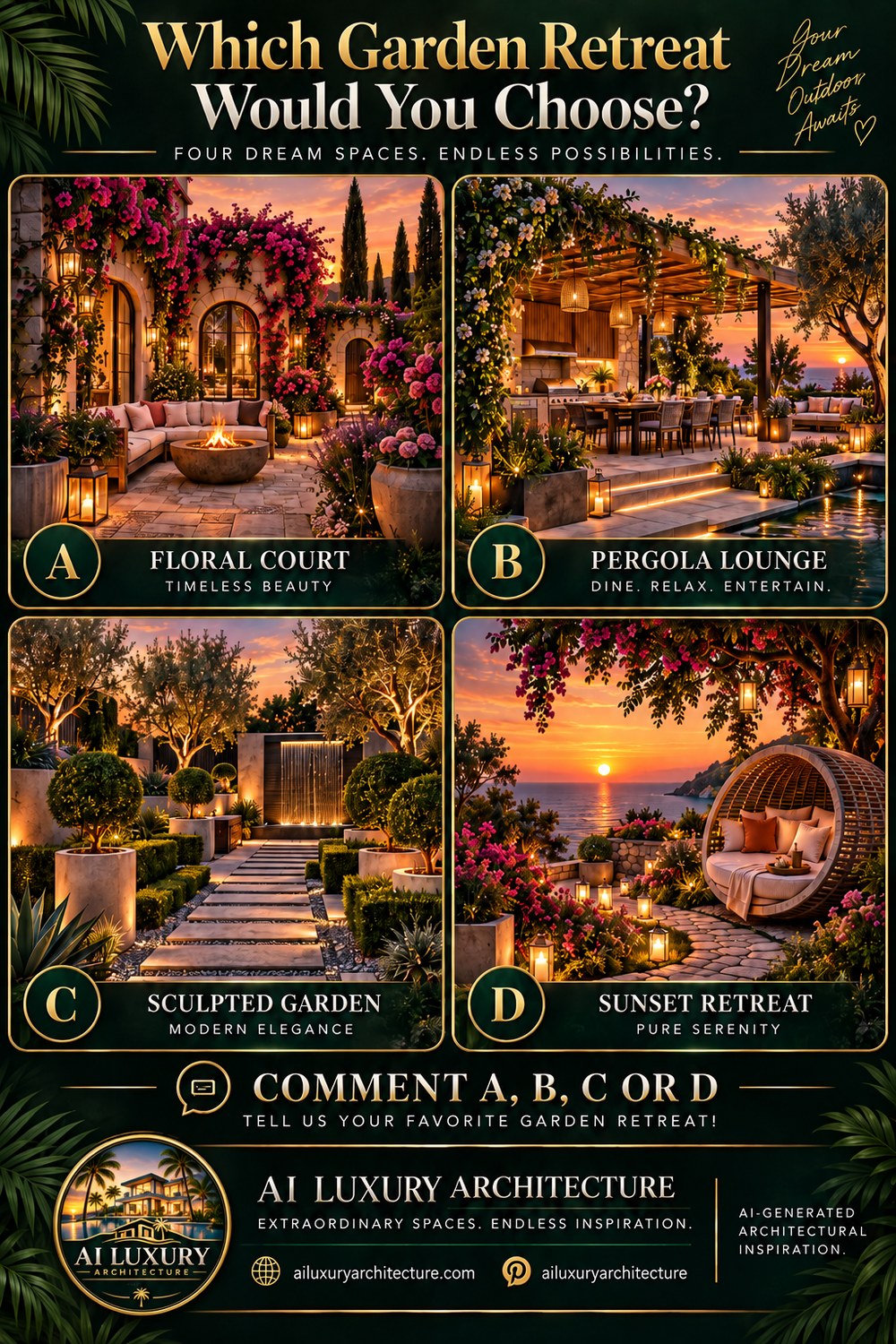 Four conceptual luxury garden retreats featuring a floral courtyard, pergola lounge, formal garden, and seaside daybed.