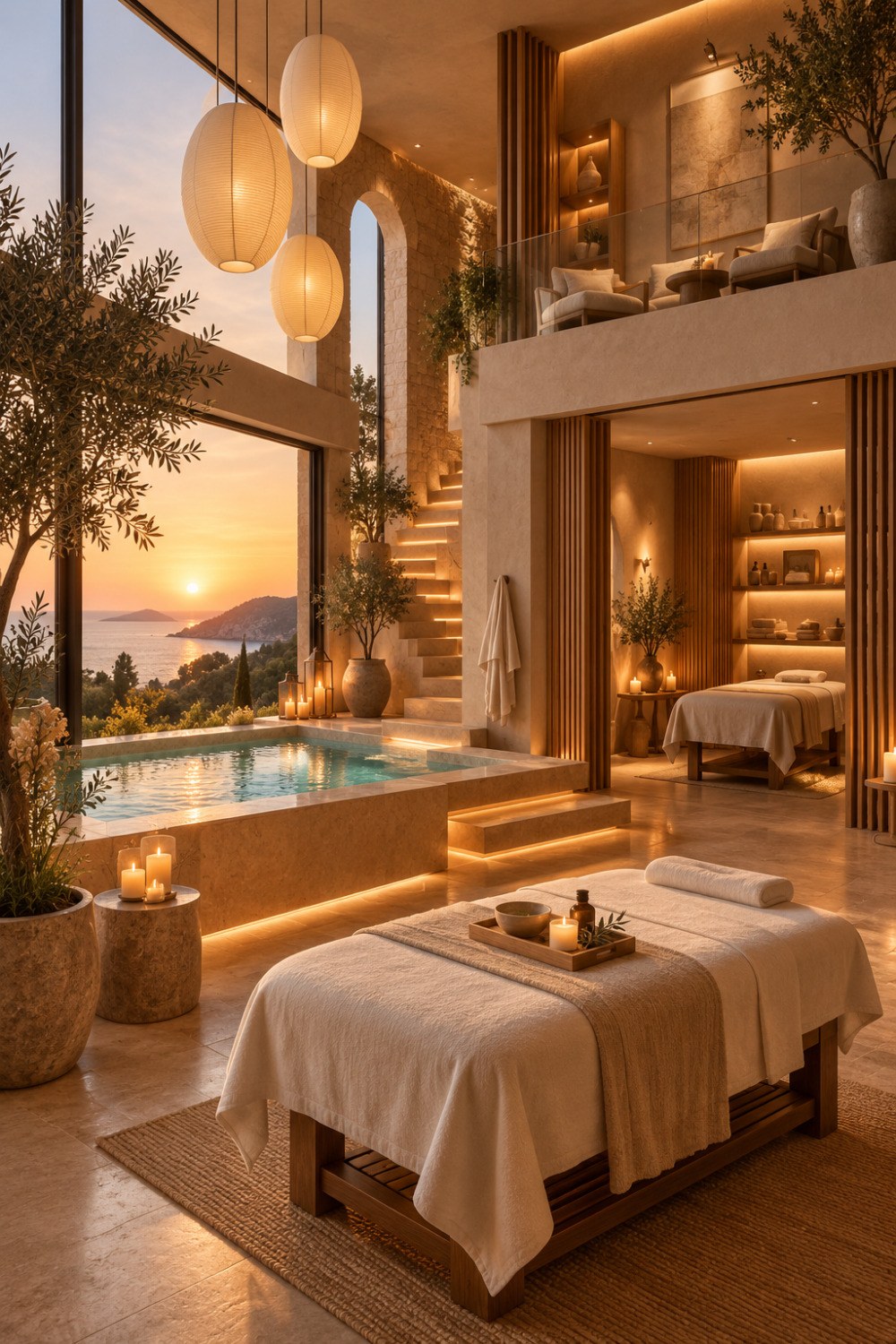 AI-generated Mediterranean-style spa interior at sunset with a massage table in the foreground, a rectangular plunge pool, warm stone walls, sculptural arched openings, illuminated steps, pendant lights, potted olive trees, a second treatment area, and a sea and hillside view through large windows.