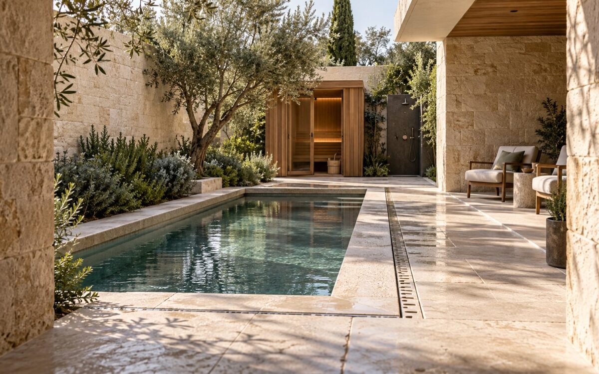 Contemporary private wellness courtyard with stone water basin, timber sauna, sheltered seating, and lush planted boundaries.