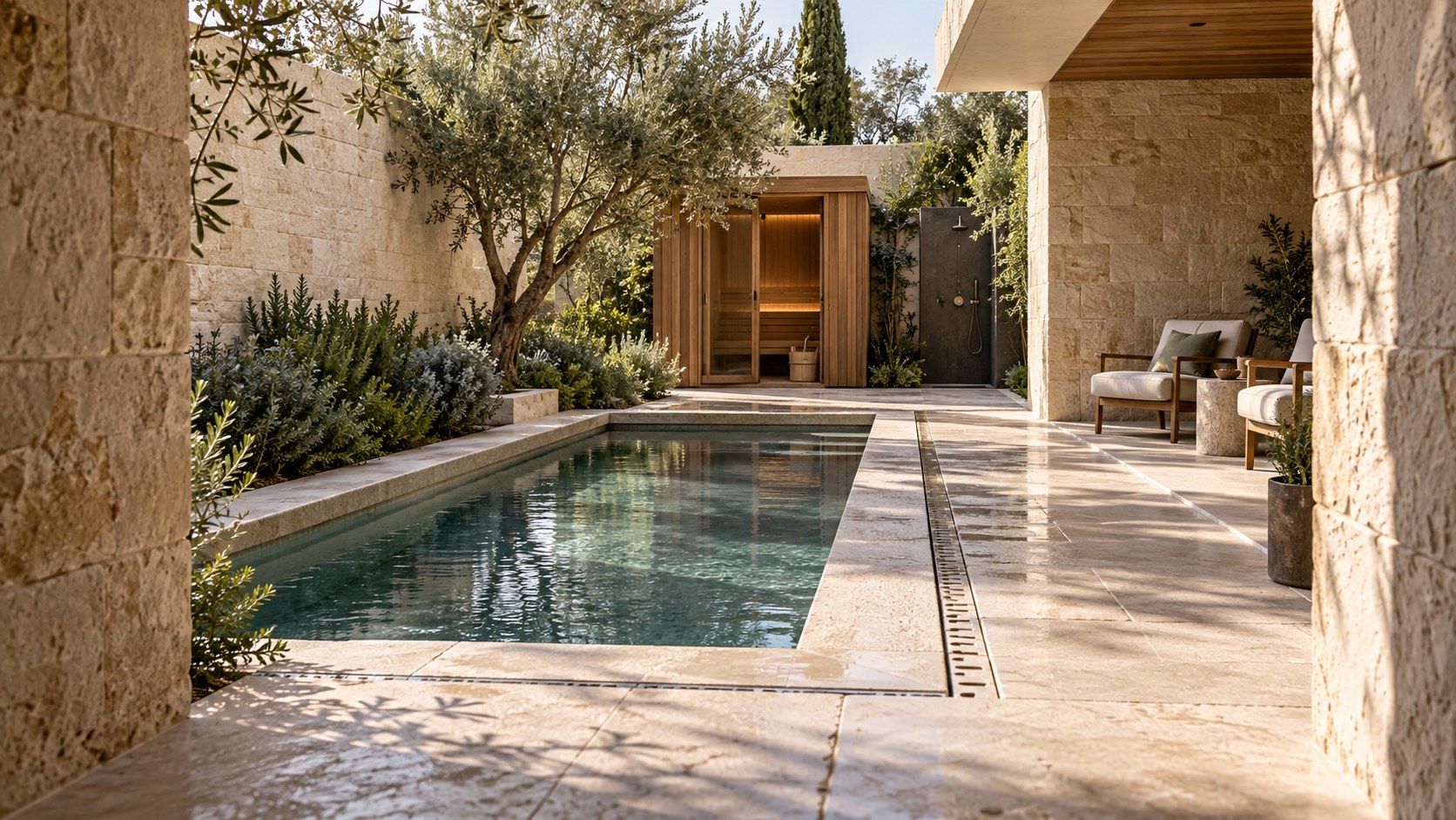 Contemporary private wellness courtyard with stone water basin, timber sauna, sheltered seating, and lush planted boundaries.