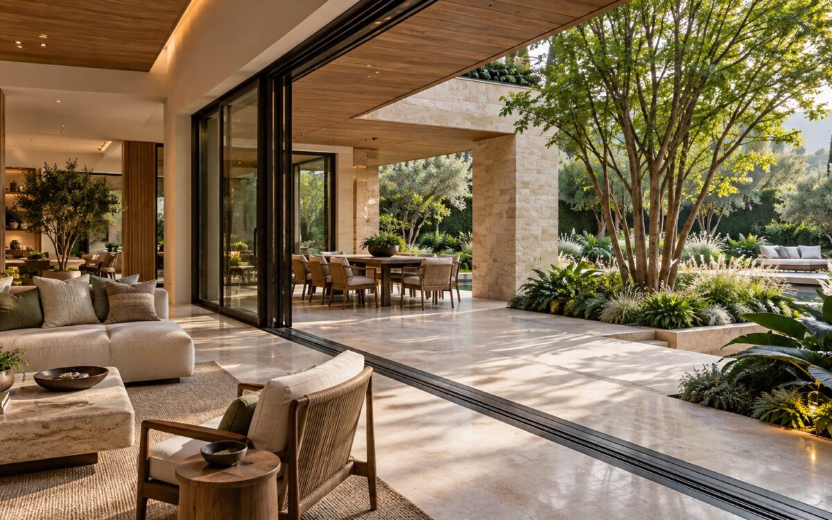 Contemporary limestone living room opening through bronze-framed sliding doors to a sheltered garden terrace and planted courtyard.